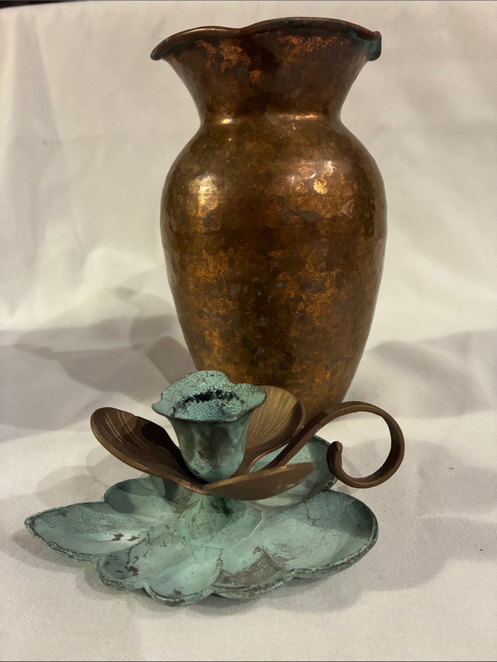 Copper Vase & Candle Holder Set with Verdigris Patina